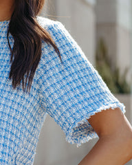 Gracie Frayed Short Sleeve Tweed Blouse - Blue
