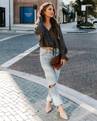 Grandview Printed Drawstring Drape Blouse - Charcoal