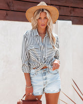 Greenport Cotton Blend Striped Button Down Top - Asphalt