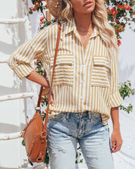 Greenport Cotton Blend Striped Button Down Top - Dijon