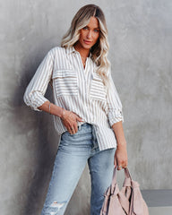 Greenport Cotton Blend Striped Button Down Top - Taupe
