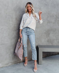 Greenport Cotton Blend Striped Button Down Top - Taupe