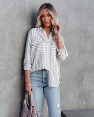 Greenport Cotton Blend Striped Button Down Top - Taupe