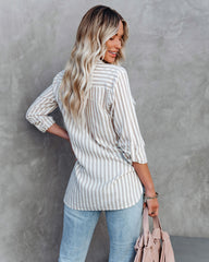 Greenport Cotton Blend Striped Button Down Top - Taupe