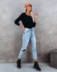 Gwen Cotton + Modal Thermal Henley Top - Black