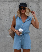 Harbor Dates Knit Half Zip Pocketed Romper - Dusty Blue