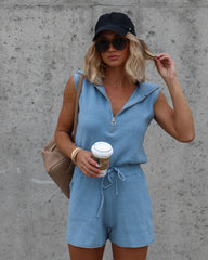 Harbor Dates Knit Half Zip Pocketed Romper - Dusty Blue