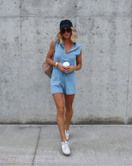 Harbor Dates Knit Half Zip Pocketed Romper - Dusty Blue