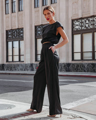 Hartford Satin Pocketed Wide Leg Pants - Black