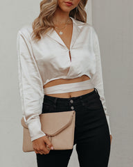 Hazely Satin Wrap Crop Blouse - Champagne