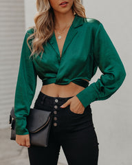 Hazely Satin Wrap Crop Blouse - Pine