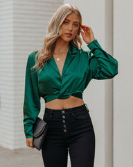 Hazely Satin Wrap Crop Blouse - Pine