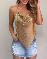 Heart Of Gold Metallic Cowl Neck Halter Top