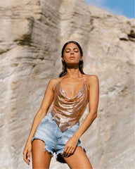 Heart Of Gold Metallic Cowl Neck Halter Top