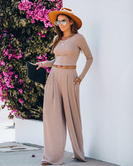 Hermosa Ribbed Long Sleeve Crop Top - Mocha