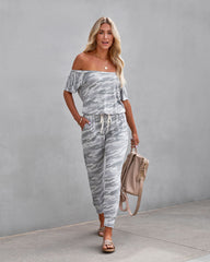 Hidden Treasure Pocketed Camo Knit Jumpsuit - Light Grey