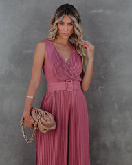 High Tea Pleated Wide Leg Belted Jumpsuit - Dark Rose