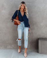 Hint Satin Leopard Embossed Dolman Blouse - Navy