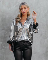 Holdyn Metallic Button Down Blouse - Silver