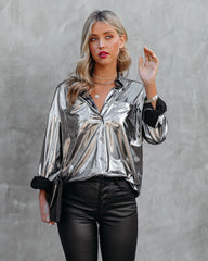 Holdyn Metallic Button Down Blouse - Silver