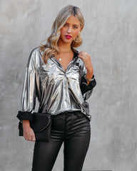 Holdyn Metallic Button Down Blouse - Silver