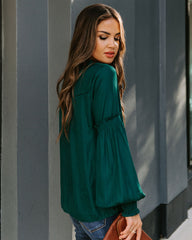 Hollis Satin Smocked Ruffle Blouse - Deep Green