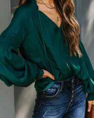 Hollis Satin Smocked Ruffle Blouse - Deep Green