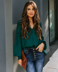 Hollis Satin Smocked Ruffle Blouse - Deep Green