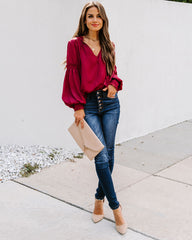 Hollis Satin Smocked Ruffle Blouse - Wine