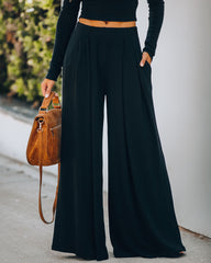 Hermosa Pocketed Ribbed Wide Leg Pants - Black