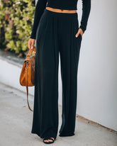 Hermosa Pocketed Ribbed Wide Leg Pants - Black
