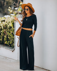 Hermosa Pocketed Ribbed Wide Leg Pants - Black