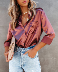 Impulse Satin Button Down Blouse - Rust