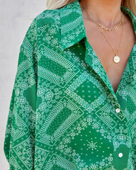 In Luck Printed Button Down Blouse - Green