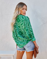 In Luck Printed Button Down Blouse - Green