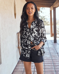 Indie Printed Satin Button Down Blouse - Black