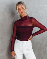 Irresistible Me Mock Neck Sheer Ruched Bodysuit - Merlot