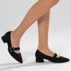 Black Mary Jane Dress Shoes Pointy Toe Low Block Heel Pumps