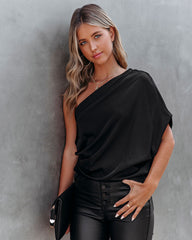 Janay Satin One Shoulder Drape Blouse - Black
