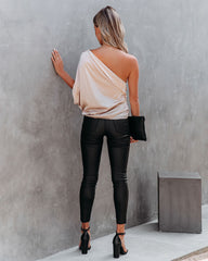 Janay Satin One Shoulder Drape Blouse - Champagne