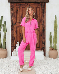 Janice Cotton Pocketed Jumpsuit - Hot Pink