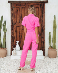 Janice Cotton Pocketed Jumpsuit - Hot Pink