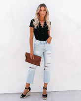 Janie Ribbed Henley Bodysuit - Black