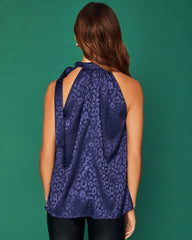 Jaxen Satin Embossed Tie Blouse - Navy