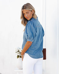 Jen Puff Sleeve Denim Button Down Top - Medium Indigo