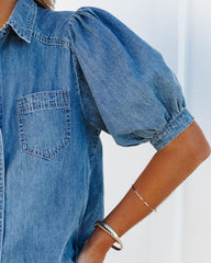 Jen Puff Sleeve Denim Button Down Top - Medium Indigo