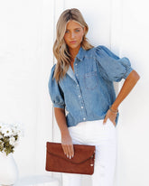 Jen Puff Sleeve Denim Button Down Top - Medium Indigo