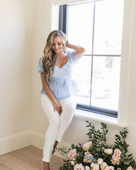 Jenissa Cotton Gingham Puff Sleeve Peplum Top - Powder Blue
