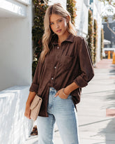 Jinnie Faux Suede Button Down Top - Brown