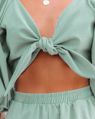 Johan Linen Blend Tie Front Crop Top - Light Sage